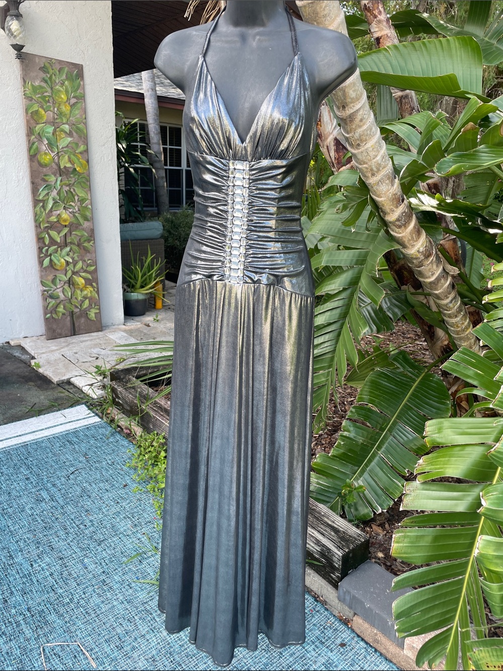 Silver halter drop waste beaded maxi dress